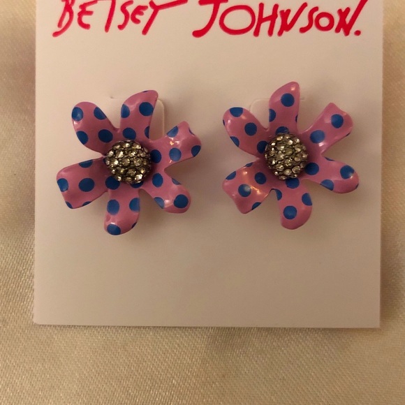 Betsey Johnson Enchanted Garden Pink Flower Stud Earrings Blue Polka Dots NWT - Picture 7 of 11